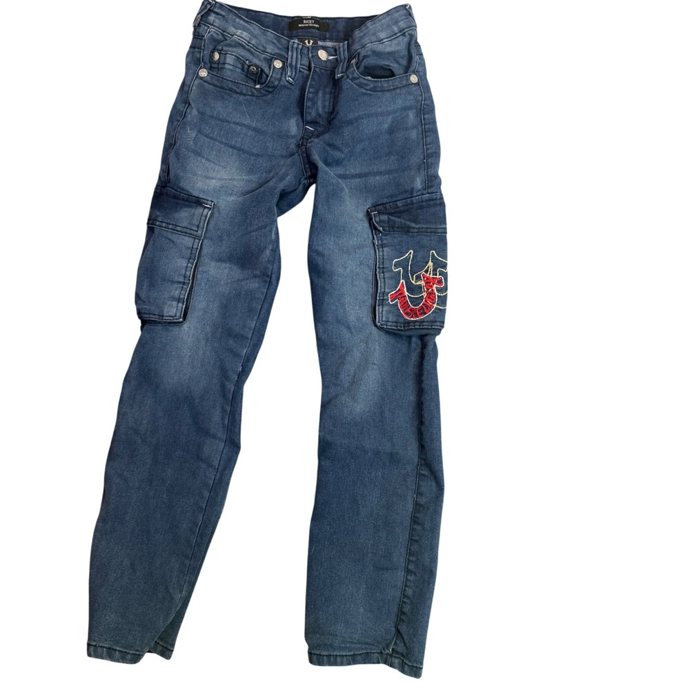 True Religion Boys Cargo Jeans Ricky Relaxed Straight Size 12 Blue Embroidered